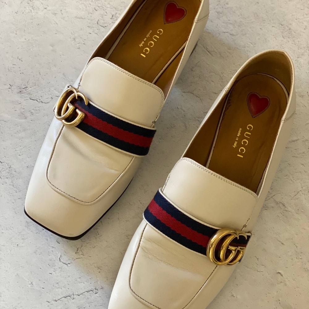 Authentic Gucci Leather DoubleG Mid-Heel Loafer 38